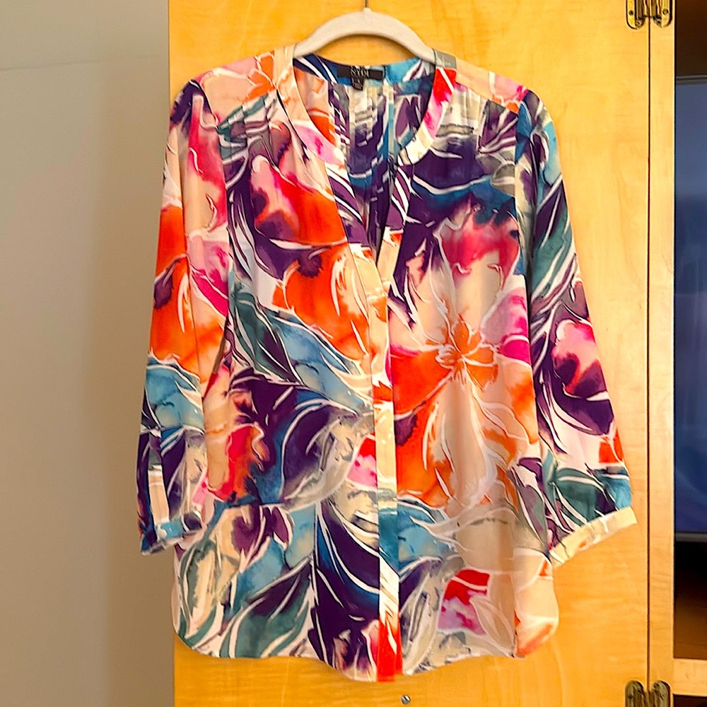 NYDJ Pink and Blue Graphic Blouse with 3/4 Sleeves